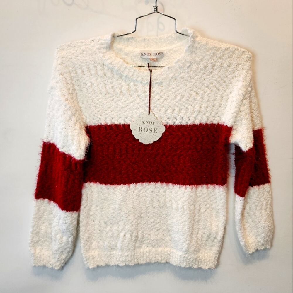 Knox Rose New Fluffy Sweater White Red Cozy Sweater‎ Size XS